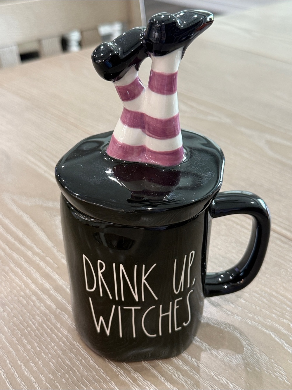 Rae Dunn Black 'Drink Up Witches' Mug with Purple-Striped Witch Leg Lid